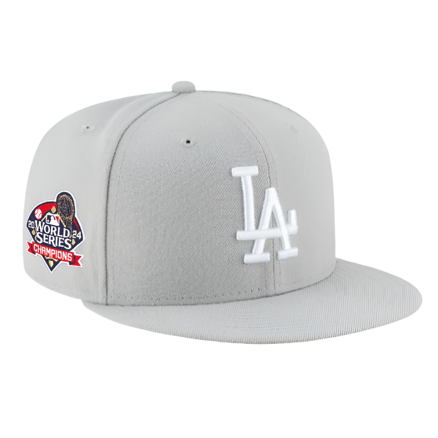 New Era 5950 LA Dodgers 2024 World Series Patch in Basic Gray New Era 5950 LA Dodgers 2024 World Series Patch in Basic Gray