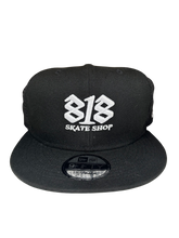 Load image into Gallery viewer, New Era 9Fifty 818 Skate Shop Logo Trucker Snapback in Black
