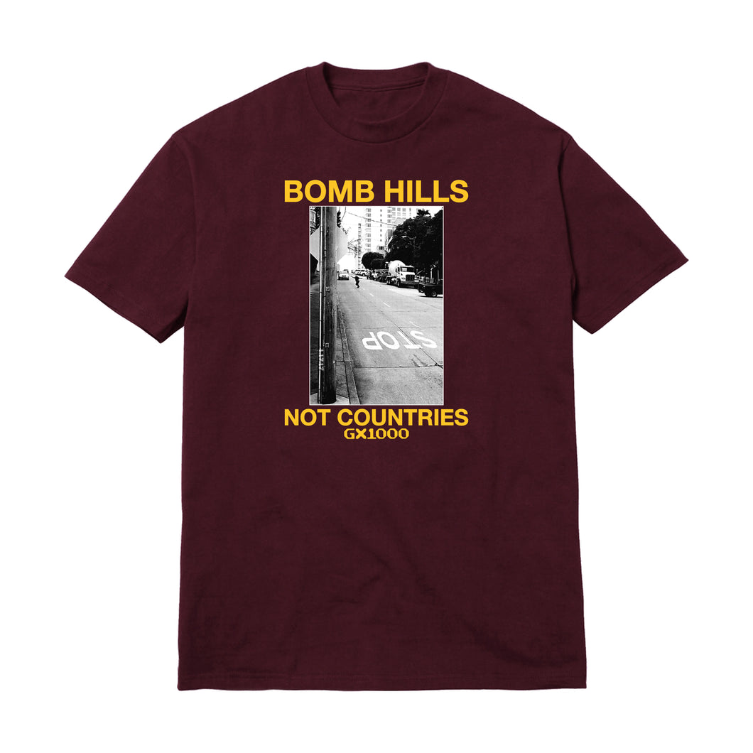 GX1000 Bomb Hills Not Countries Tee in Burgandy/Yellow