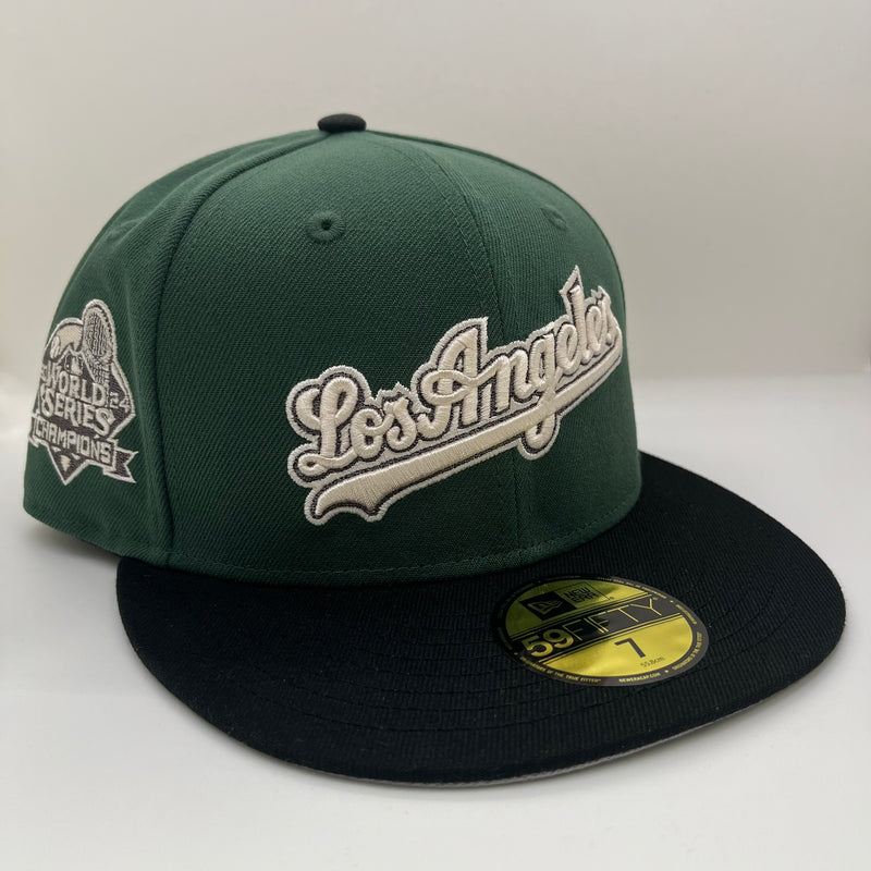 New Era 5950 LA Dodgers Ivory Script 2024 World Series Champions Patch in Mountain Pine Green/Black