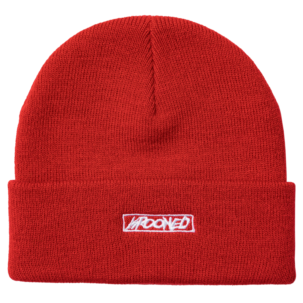 Krooked Moonsmile Script Cuff Beanie in Red/White