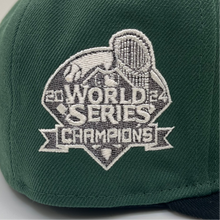 Load image into Gallery viewer, New Era 5950 LA Dodgers Ivory Script 2024 World Series Champions Patch in Mountain Pine Green/Black
