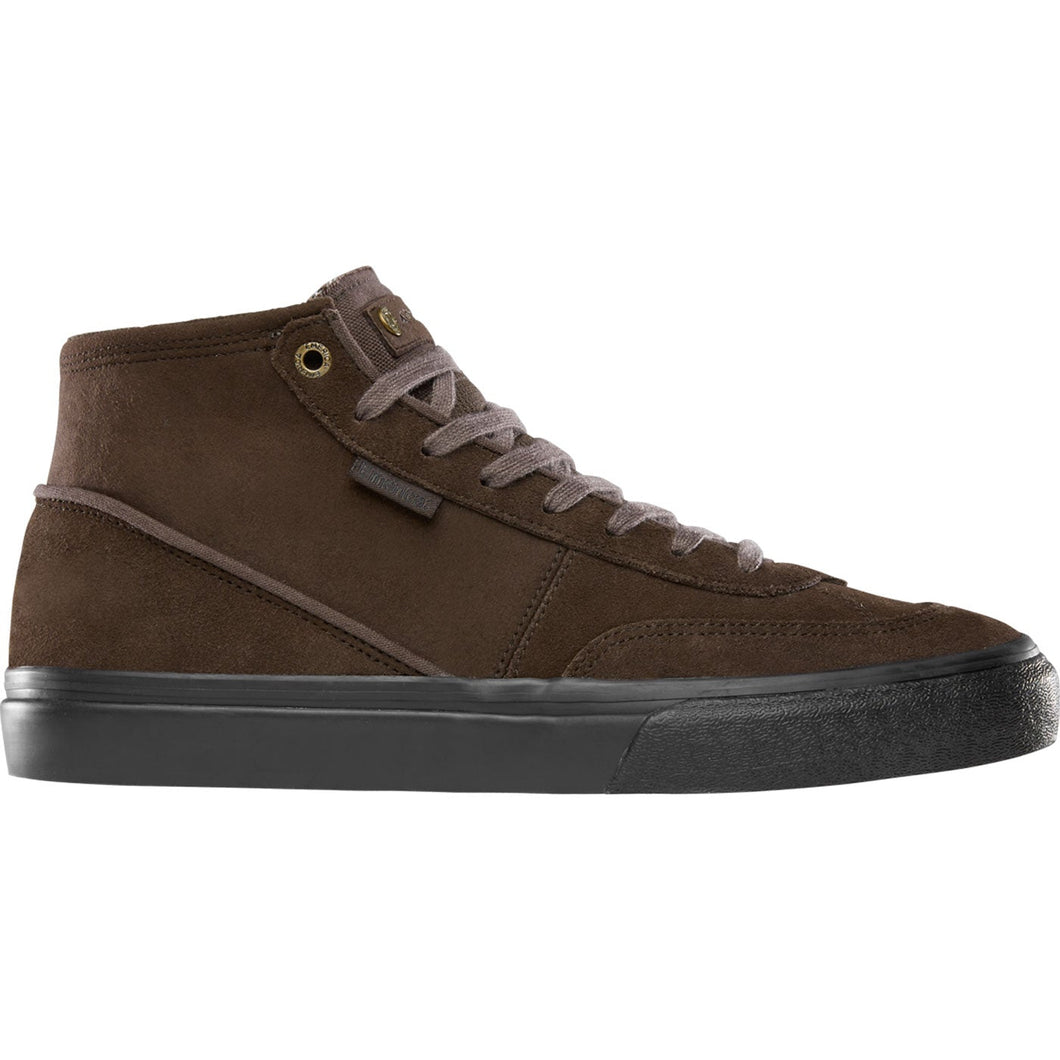Brown high-top sneaker with black sole on a white background