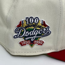 Load image into Gallery viewer, New Era 950 A-Frame Upsidedown LA Dodgers 100th Anniversary Patch Snapback in Chrome/Red

