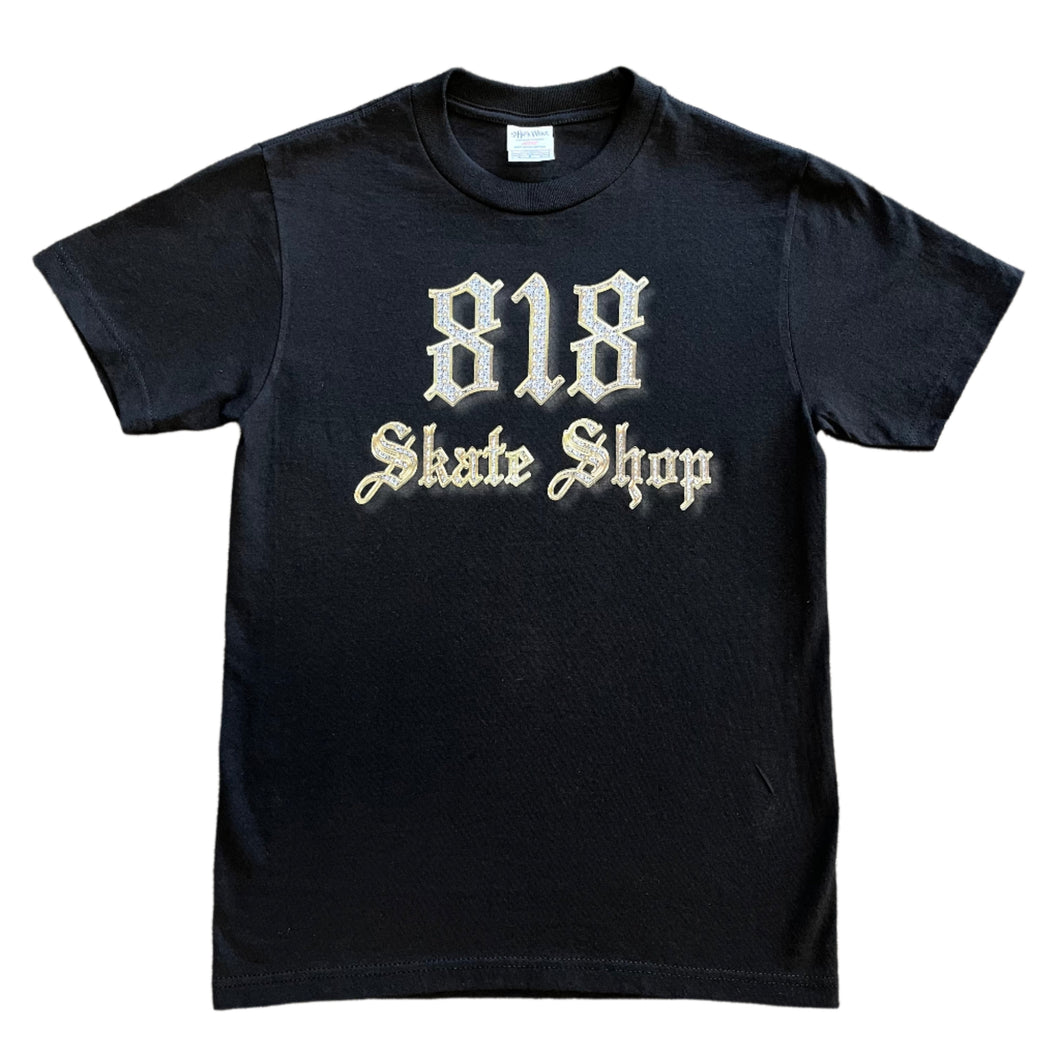 818 Skate Shop Iced Out Gold Tee in Black