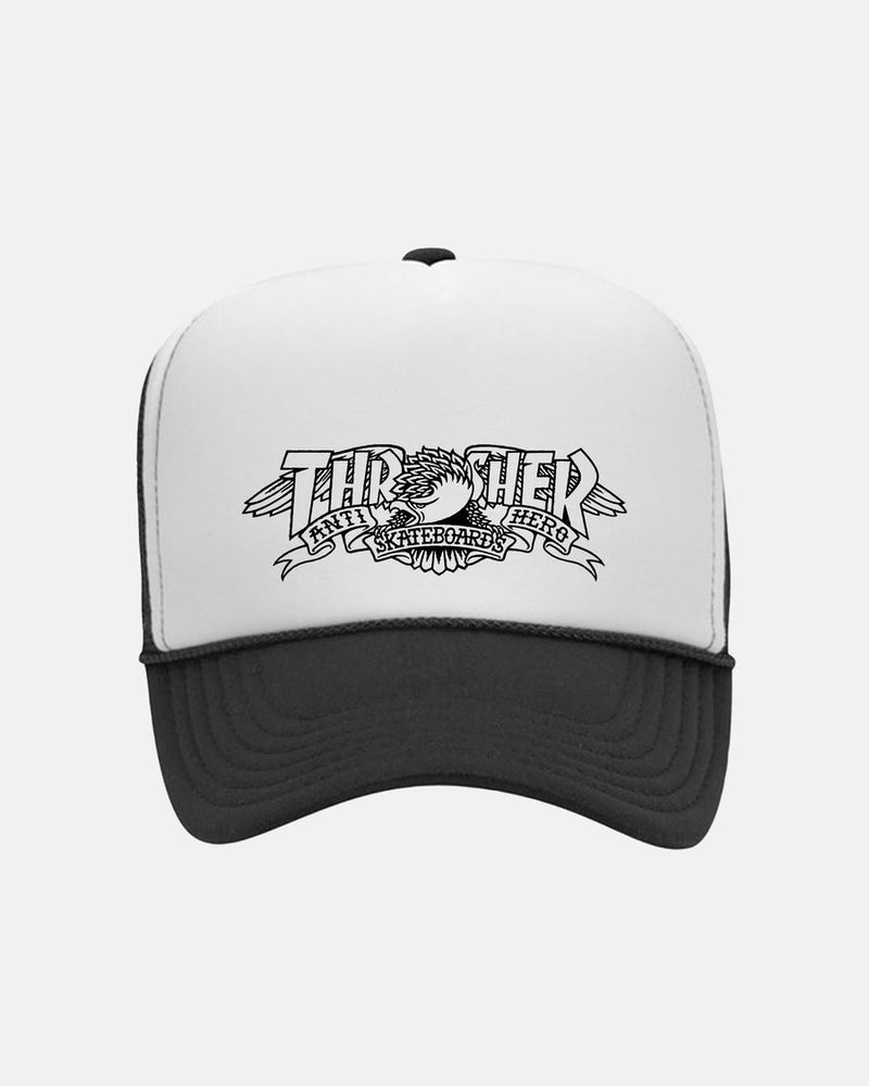 Thrasher x Antihero Mag Banner Trucker Hat in Black/White