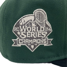 Load image into Gallery viewer, New Era 5950 Los Angeles Dodgers Script 2024 World Series Champions Patch in Mountain Pine Green/Black
