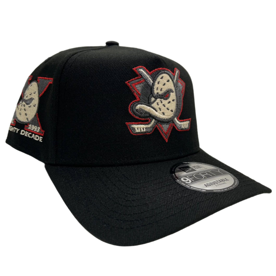 New Era 940 A-Frame Anaheim Ducks 10th Anniversary Patch Snapback in Black/Ivory/Metallic