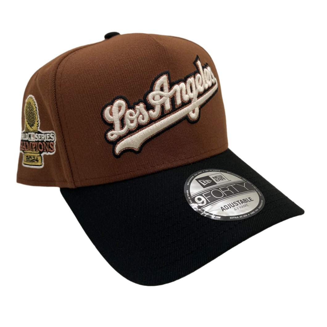 New Era 940 A-Frame Los Angeles Dodgers Script 2024 World Series Champions Patch Snapback in Tiramisu/Black