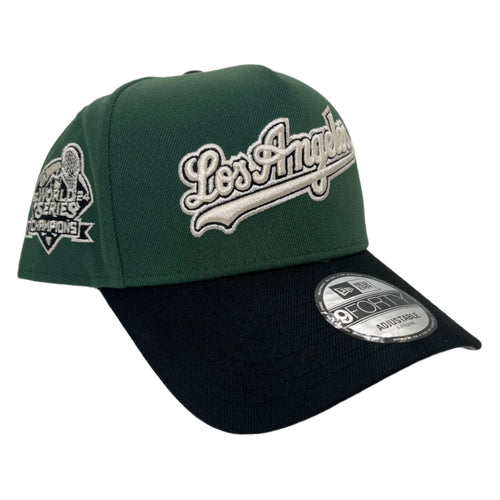 New Era 940 A-Frame Los Angeles Dodgers Script 2024 World Series Champions Patch in Mountain Pine Green/Black - 818 Exclusive