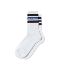 Load image into Gallery viewer, Polar Skate Co. Fat Stripe Socks in White/Brown/Blue
