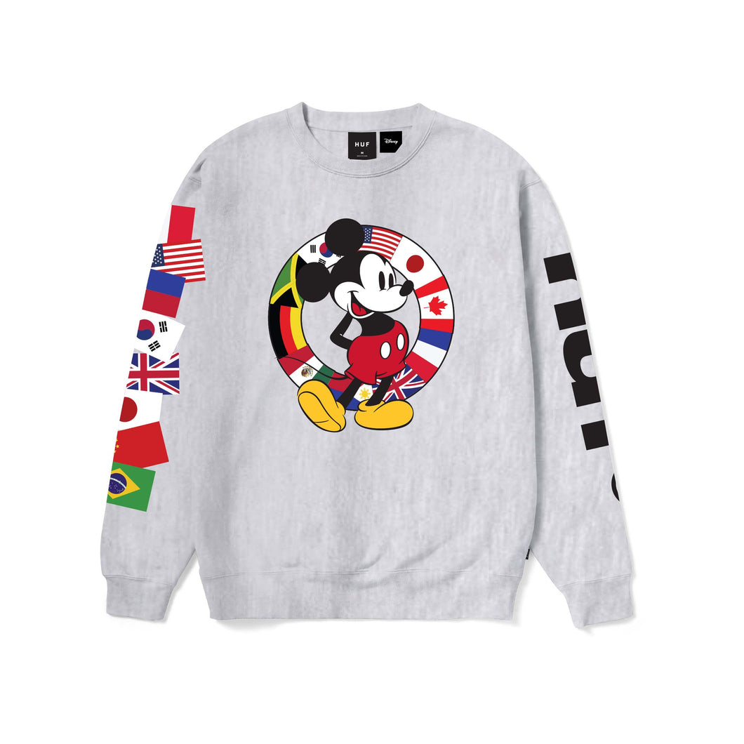 Huf x Mickey Mouse Worldwide Tour Crewneck in Heather Grey