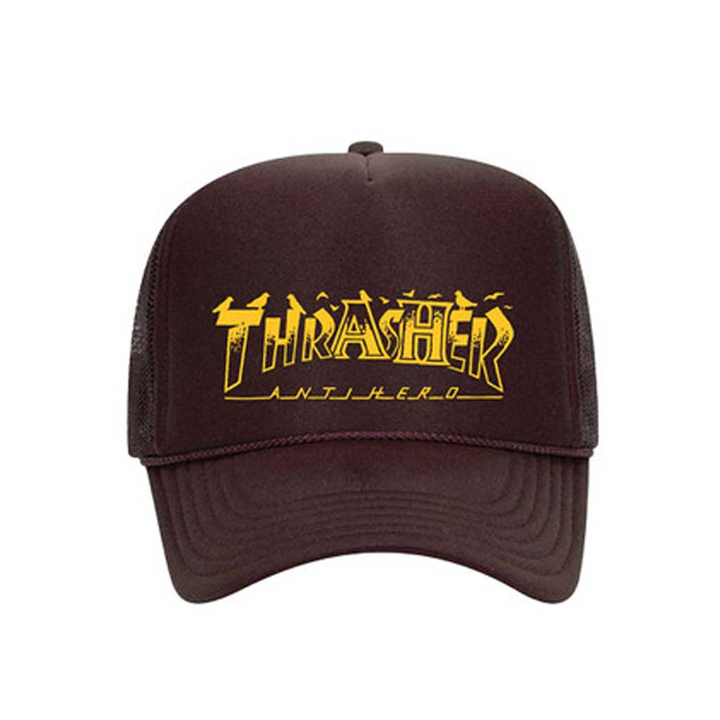 Thrasher x Antihero Pigeon Mag Trucker Hat in Brown