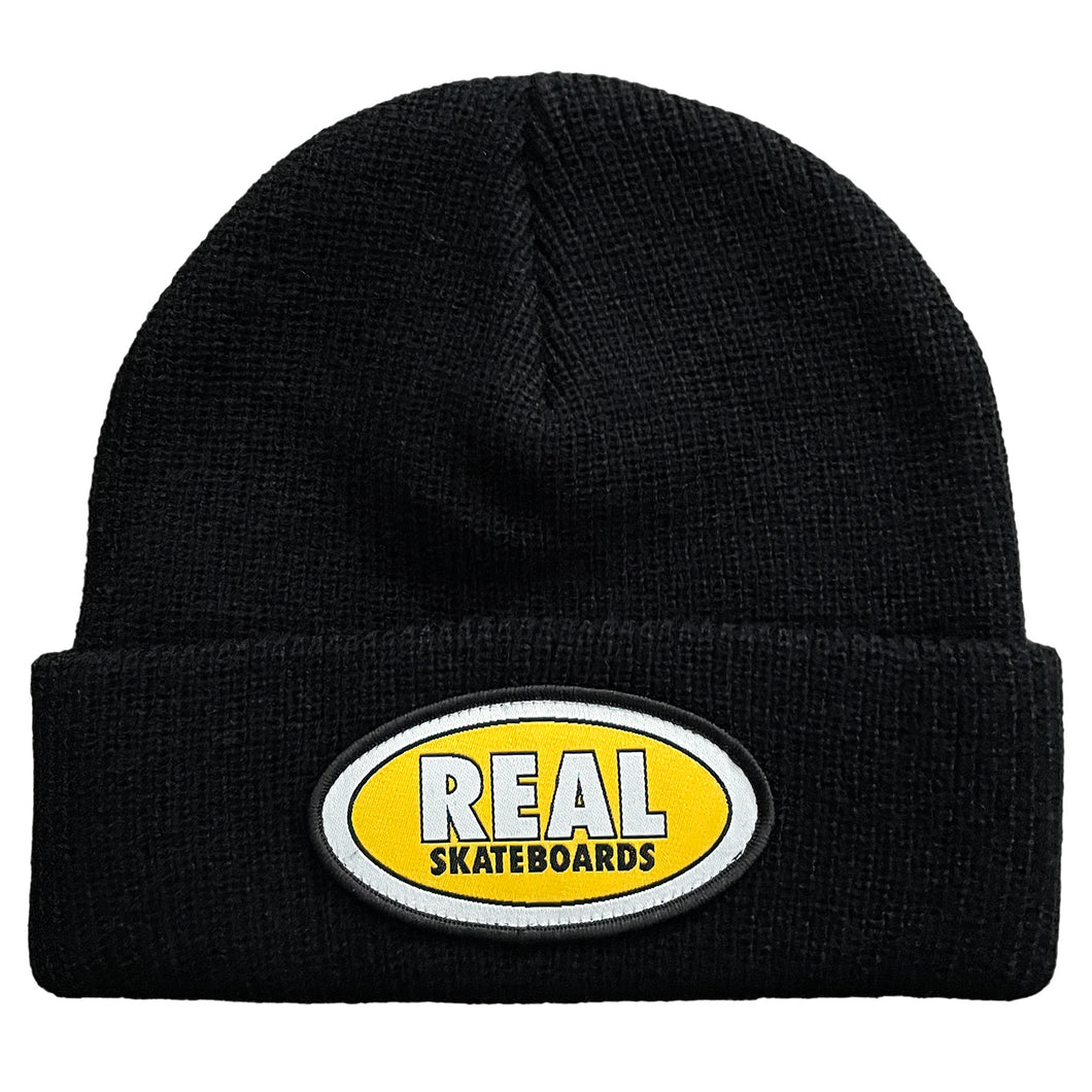 Real Skateboards Oval Cuff Beanie in Black/Yellow