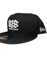 Load image into Gallery viewer, New Era 9Fifty 818 Skate Shop Logo Trucker Snapback in Black
